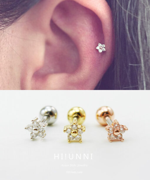16g CZ Studded Sparkling Mini flower Barbell Ear Piercing Stud, cartilage earring tragus helix conch / labret bar(optional) / sold as piece