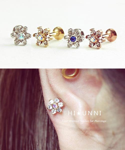 thumbnail image 2 of 16G 1/4" Internally Threaded Steel Labret Stud - Gem Cluster Flat Back Tragus Earring 2 of 6
