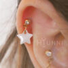 Handmade 20g, 16g Mother of Pearl Star dangle cartilage ear stud, Helix earring, 316l surgical steel, Flat back Labret bar(optional), 1pc