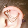 16g 14g Natural amethyst stone double chain industrial piercing earring, Double chain 2 ear studs, 316l surgical steel, HiUnni Handmade