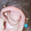 16g 14g Natural Lapis stone double chain industrial piercing earring, Double chain 2 ear studs, 316l surgical steel, HiUnni Handmade