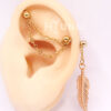 16g 14g Feather double chain industrial piercing earring, Double chain 2 ear studs, Stainless steel, HiUnni Handmade