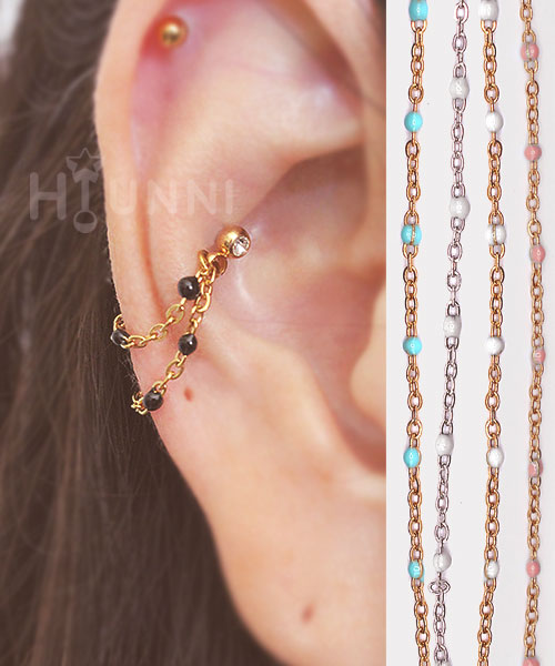 Handmade 20g 16g Beads dainty double chain conch ear stud, Conch hoop double chain ring, Black, Opal, 316l surgical steel, Sold as piece