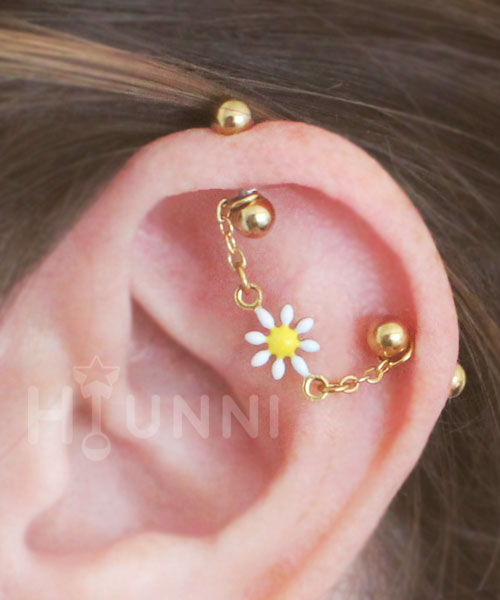 16g 14g Daisy chain industrial piercing earrings, Helix cartilage 2 ear studs, 316l surgical steel, HiUnni Handmade