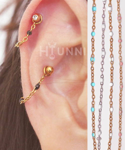 Handmade 20g 16g Beads dainty chain conch ear stud, Conch hoop chain ring, Black, Opal, 316l surgical steel, Sold as piece