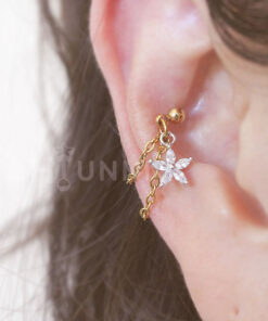 Handmade 20g 16g Flower dainty double chain conch ear stud, Conch hoop double chain ring, 316l surgical steel, Sold as piece