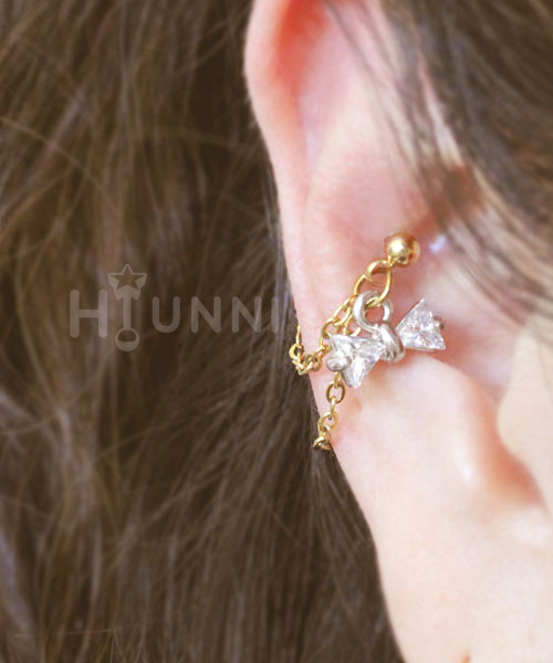 Handmade 20g 16g bowtie dainty double chain conch ear stud, Conch hoop double chain ring, 316l surgical steel, Sold as piece