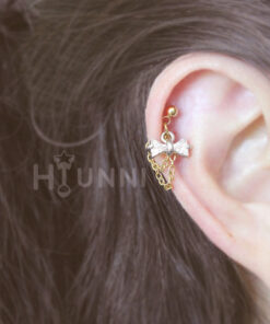 Alternative view of Handmade 20g 16g bowtie dainty double chain conch ear stud, Conch hoop double chain ring, 316l surgical steel, Sold as piece