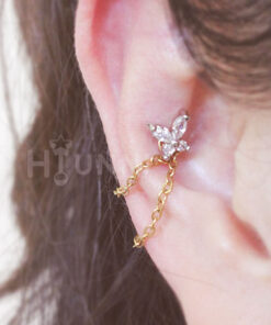 16g Butterfly double chain conch ear stud, Conch helix double chain earring, Stainless steel, 1pc