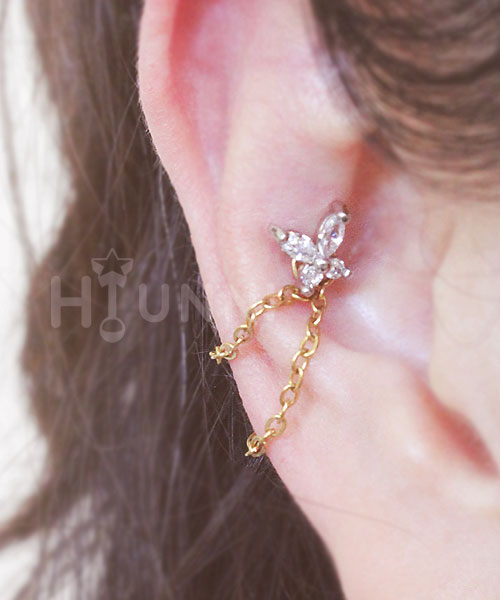 16g Butterfly double chain conch ear stud, Conch helix double chain earring, Stainless steel, 1pc