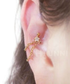 16g CZ Studded Triple Star double chain conch ear stud, Conch helix double chain earring, Stainless steel, 1pc
