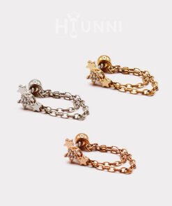 Alternative view of 16g CZ Studded Triple Star double chain conch ear stud, Conch helix double chain earring, Stainless steel, 1pc